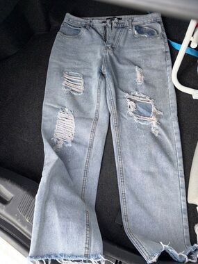 Light Blue Distressed Straight Leg Jeans - Women's